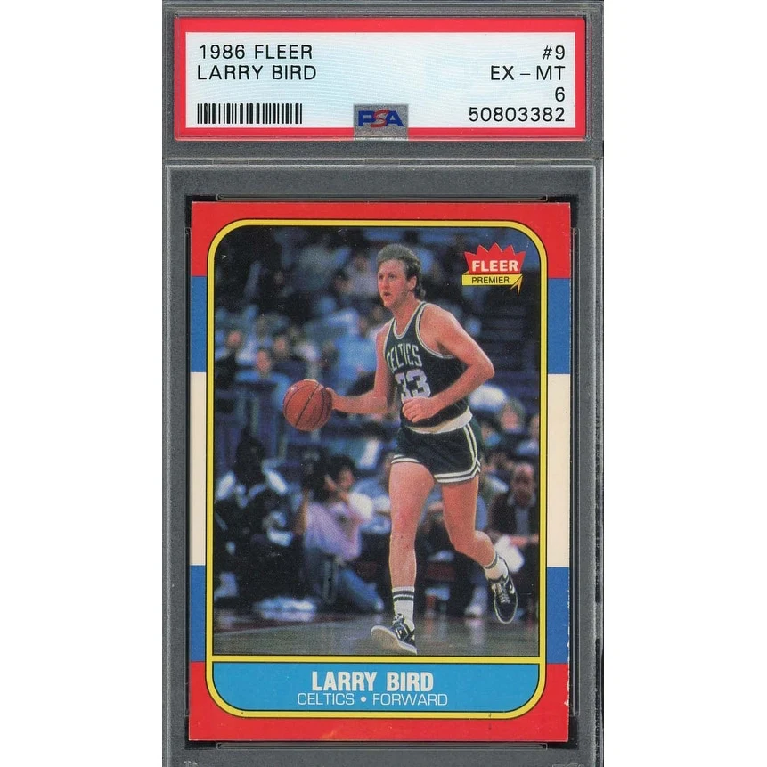 1986 Fleer Larry Bird #33 Celtics basketball card – Near Mint condition with iconic green/yellow Fleer border