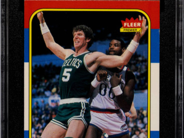 1986 Fleer Bill Walton #5 Celtics basketball card – Near Mint condition with iconic green/yellow Fleer border